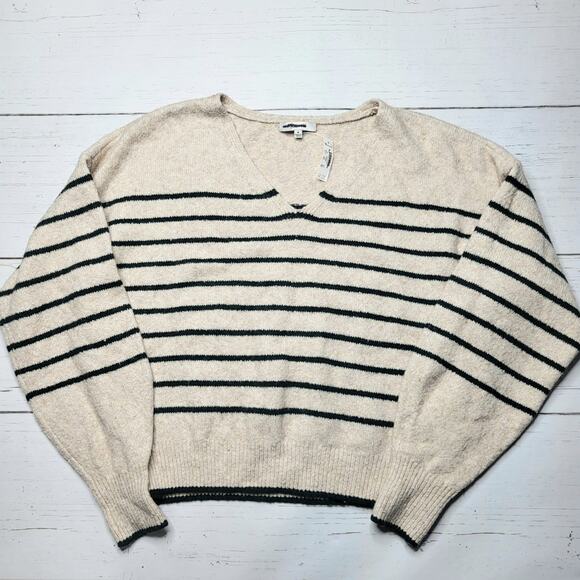 Madewell Wedged V Neck Sweater Luxury Forest Stripe Beige Green Cotton Medium - Picture 3 of 9